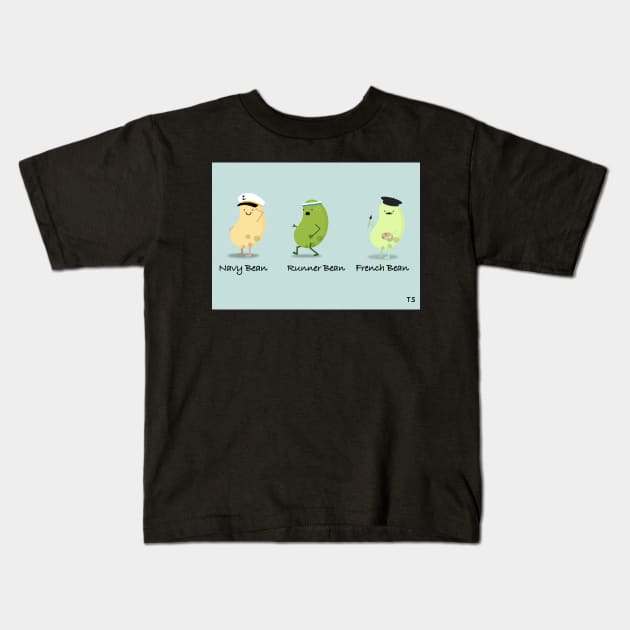 Bean Characters Navy, Runner and French bean Kids T-Shirt by MangoStudio